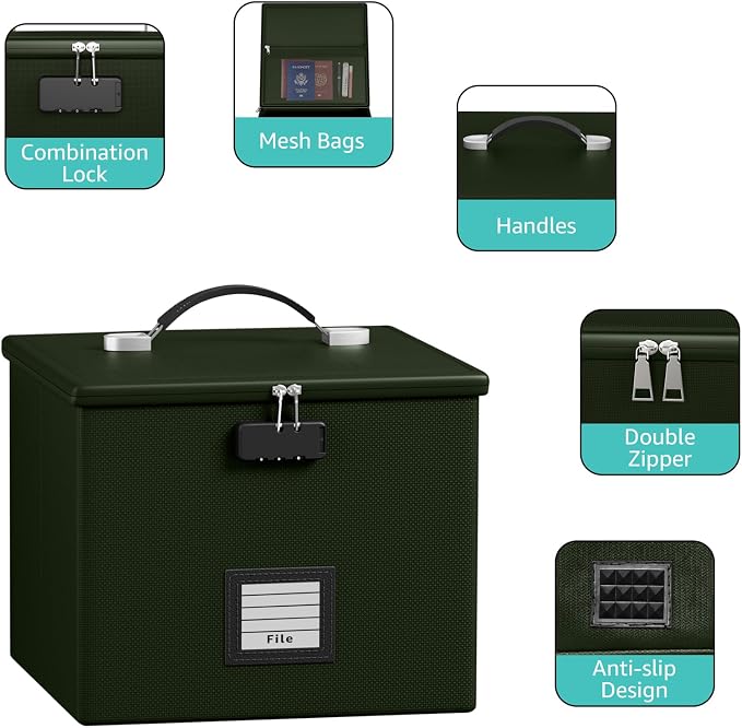 Army Green Fire Proof File Box for Documents - Portable Fireproof Document Organizer Box with Handle Waterproof Safe Locking Folder Storage with Lid - Image 5