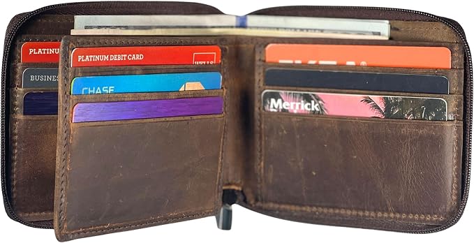 RFID Blocking Bifold Cowhide Leather Wallets For Men With Zipper Security | Safe Metal Zip Chain 9 Card-ID Slim Minimalist Mens Wallet (Hunter Brown) - Image 3