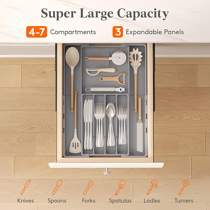 Lifewit Expandable Silverware Drawer Organizer, Utensil Tray for Kitchen | BPA Free Flatware and Cutlery Holder, Adjustable Plastic Storage for Spoons Forks Knives, 8.9-14.2 x 11.3-19.4 x 1.7", Gray - Image 3