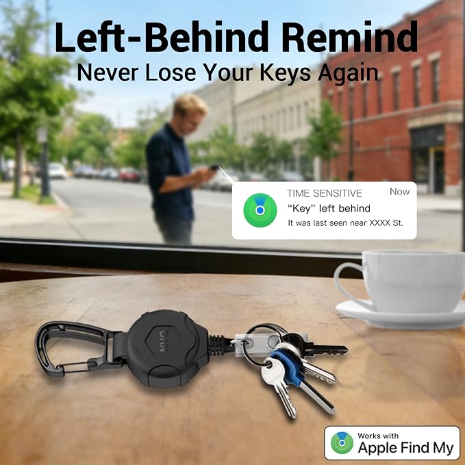 Retractable Key Finder, Works with Apple Find My Tracker, Black 2Packs | Works with Apple Find My iOS tracker with 80dB alert,heavy-duty 32" stainless steel cord supporting 20 keys,secure carabiner. - Image 3