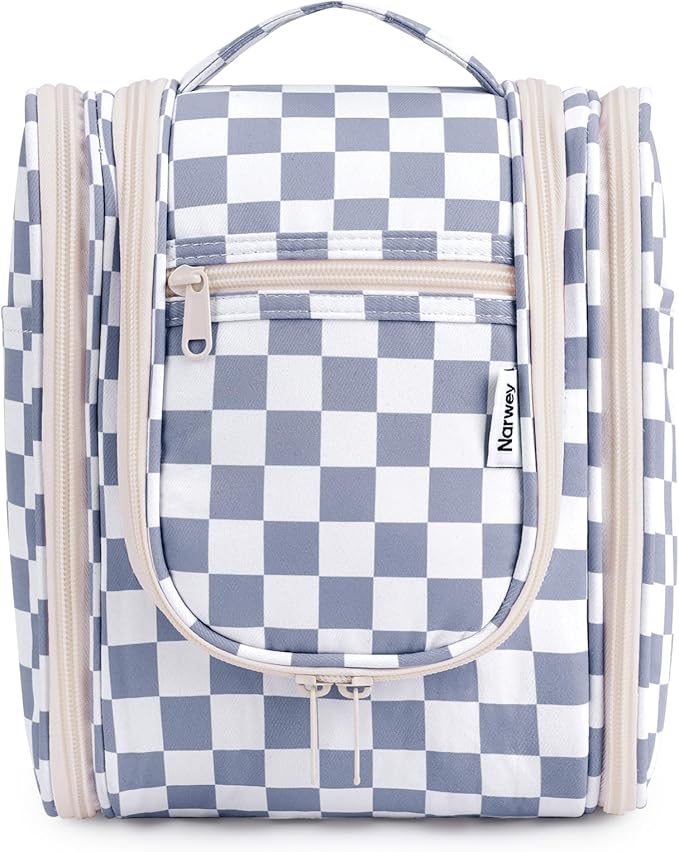 Narwey Small Checkered Hanging Travel Toiletry Bag for Women, Travel Bag for Toiletries, Makeup Bag Organizer Cosmetic Bags Make Up Bags for Women (Grayish Blue Checkerboard) by Narwey