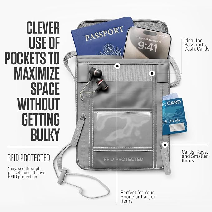 VENTURE 4TH Travel Neck Wallet, RFID Blocking Passport Holder -Sleek Silver - Image 2