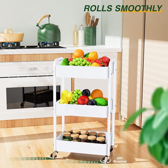 LEHOM 3 Tier Rolling Cart, Metal Rolling Utility Cart with Lockable Wheels | Multi-Functional Heavy Duty Storage Cart Organizer for Bathroom, Kitchen, Office, Living Room, Rolling Storage Trolley - Image 4