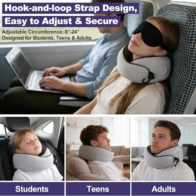 Travel Neck Pillow Airplane, Breathable Memory Foam Travel Pillows for Neck Support, Washable Cover Portable Storage Bag, 360° Ergonomic Airplane Travel Essentials for Flight, Car, Train, Office, Home | 360° Ergonomic Travel Neck Pillow with Portable S... - Image 4