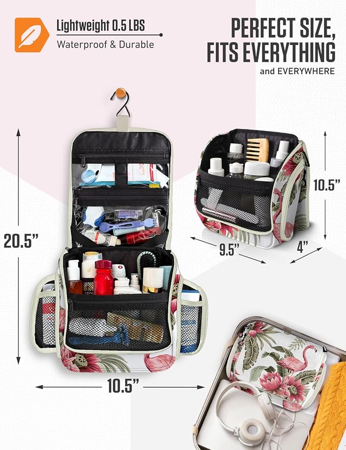 VENTURE 4TH Hanging Travel Toiletry Bag, 17 Compartments - Pink Flamingo | Hangs on rails, hooks or doors; stands upright too. Removable TSA pouch. Water-resistant 900D Nylon, reinforced stitching. - Image 2