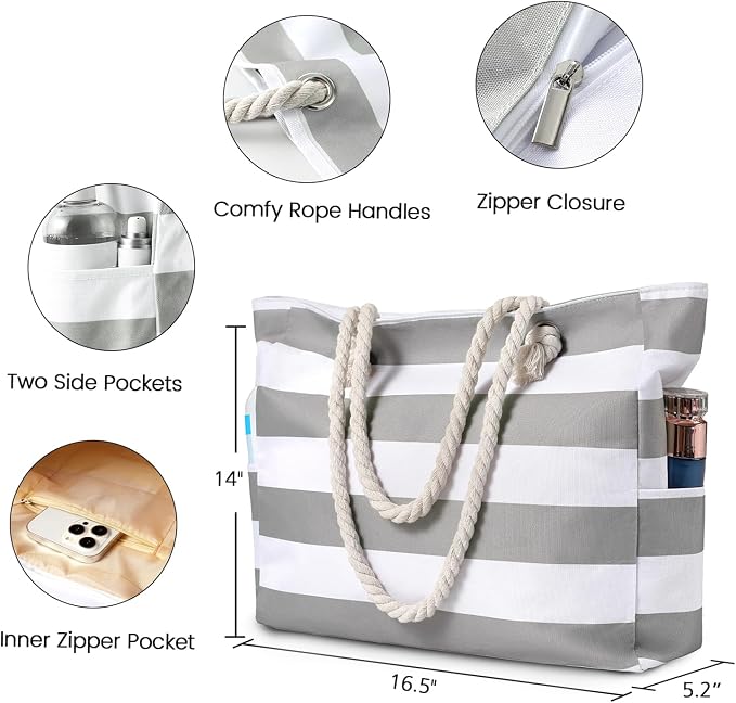 Clothirily Beach Bag for Women, Large Beach Tote Bag Waterproof with Zipper | Large Capacity Swim Pool Bag, Inner Pockets, Sandproof Foldable Beach Tote for Travel Essentials - Image 4