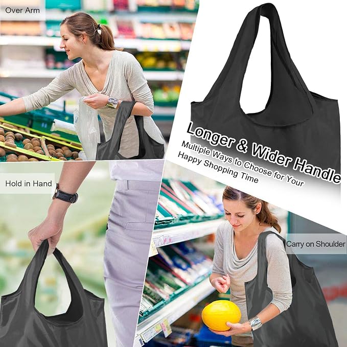 BeeGreen 10 Pack Black Reusable Grocery Bags with Storage Pouch Reusable Shopping Bags Bulk with Elastic Band 50LBS X-Large-Foldable-Washable-Heavy Duty-Waterproof Grocery Tote Bags - Image 2
