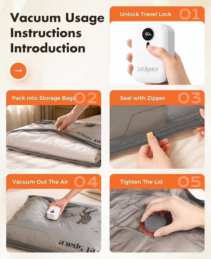 Vacuum Storage Bags with Electric Pump, 60kPa Vacuum Seal Bags for Clothing Devices, Travel Bags with Portable Cordless Pump Included, Compatible with Bags 15 Small Set - Image 7