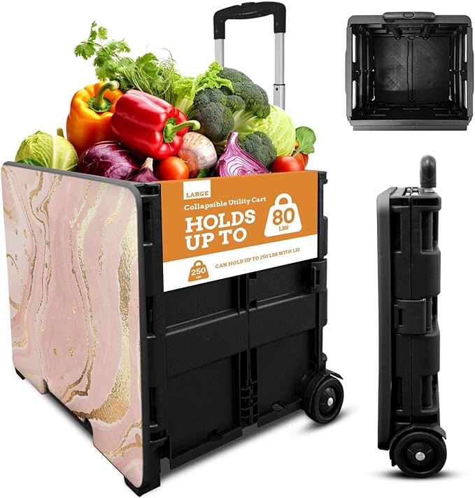 Inspired Living Collapsible Ultra-Slim Pack-N-Roll,2 Wheel Utility Cart w/Lid Used as Seat up to 250 Lbs, Telescopic Handle, Super Strong, for Home,Garden,Shopping,Office,School, Large, Pink Marble by Inspired+Living
