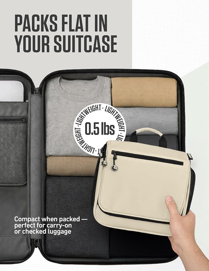 VENTURE 4TH Hanging Travel Toiletry Bag, 18 Compartments - Beige | Hangs on rails, hooks or doors; stands upright. Removable TSA pouch. Water-resistant Nylon 290D Twill, reinforced stitching. - Image 8