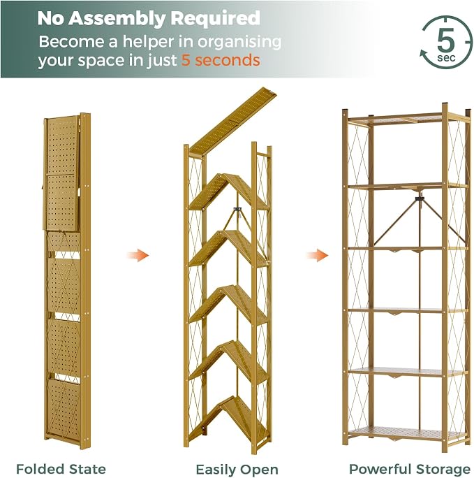 DEANIC 6-Shelf Folding Bookcase with Wheels, Heavy Duty Storage Shelves, Freestanding Metal Wire Shelving Unit for Living Room, Office, Kitchen, Basement, Pantry (Gold) - Image 3