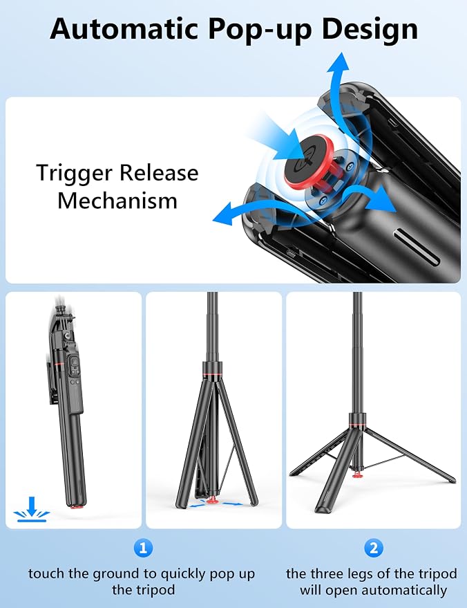 69'' Auto Face Tracking Selfie Stick Tripod Stand, Automatic Phone Tripod, Auto-Open Travel Tripods for iPhone/Cell Phone with Remote, Gesture Control, No App, Built-in AI Camera for Vlog Recording TK - Image 2