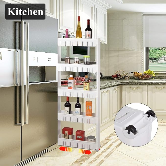Laundry Room Organizer, Mobile Shelving Unit Organizer with 5 Large Storage Baskets, Gap Storage Slim Slide Out Pantry Storage Rack for Narrow Spaces - Image 4