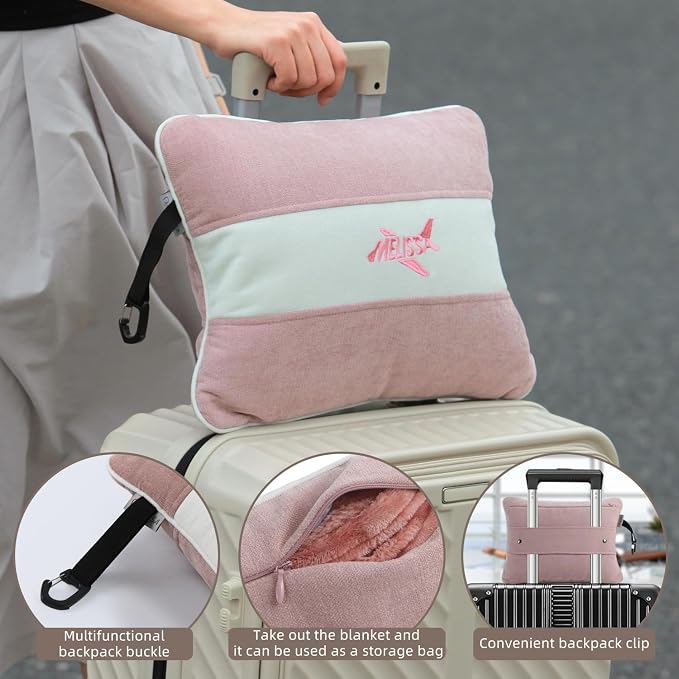 Melissa Large Soft Travel Blanket and Inflatable Pillow Set | Size-69“ x 43.3”, Carry Bag – Lightweight, Compact & Washable for Backpacking, Hiking, Airplane, Car, Office, Camping (Pink) - Image 8