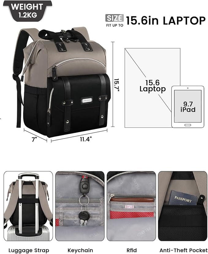 FALANKO Women Laptop Backpack, Doctor Nurse Teacher Work Adult Backpack for 15.6 Inch Laptop with RFID Anti-theft College Business Computer Bookbag Grey Black - Image 3