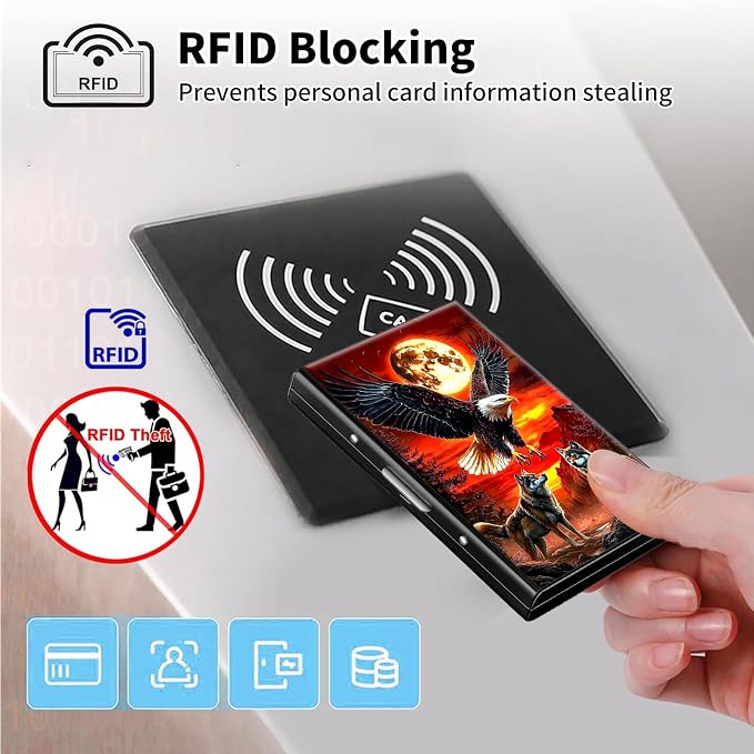 Metal Wallet,Credit Card Holder for Women Men,RFID Blocking Card Holder Wallet Mini Slim Aluminum Wallet ID Case Hard Card Case Business Card Holder Case,Sunset Eagle Wolf - Image 3
