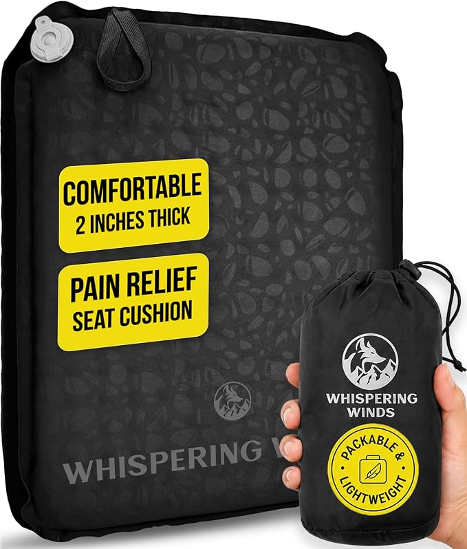 Whispering Winds Inflatable Seat Cushion | Comfortable & Packable Blow-up Foam Pad for Airplane Travel, Stadium Outdoors, Camping, Car & More by WhisperingWinds