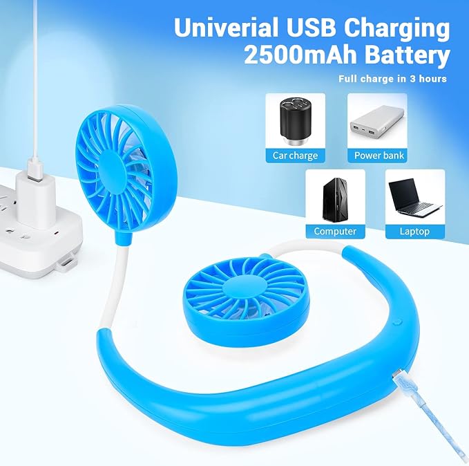 JUANANIUG Portable Neck Fan Rechargeable Personal HandFree Fan Mini USB Wearable Neckband Sport Fan 3 Speed Adjustable 360 Degrees Rotation Perfect for Working Traveling Office Reading (Blue) - Image 5