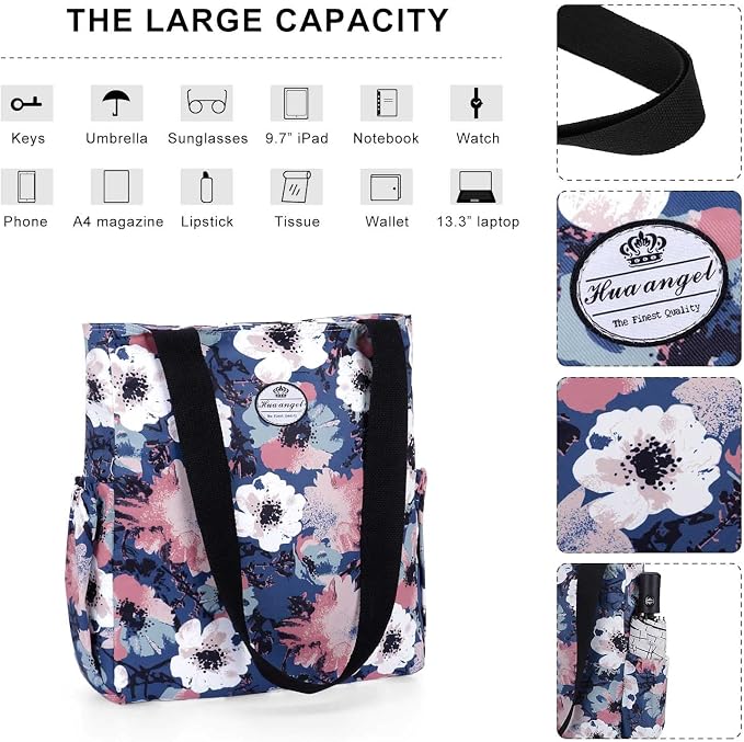 HUA ANGEL Floral Tote Bag - Casual Shoulder Bag Daily Tote Bag with Zipper Gym Travel Shopping Work Handbag for Women - Image 4