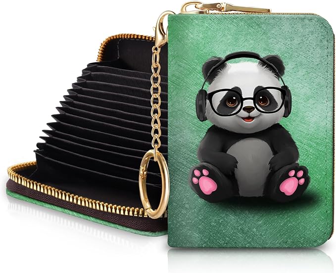 Blusabaca RFID Credit Card Holder Small Women Travel Wallet, Cute Panda | Removable Keychain, Case with Zipper, Vegan PU Leather, Cash Coin Pocket, Business Accordion Purse, Ladies Female Gift by Blusabaca