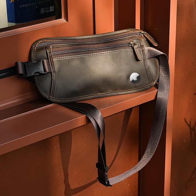 Polare Leather Money Belt Hidden Passport Holder Travel Pouch, AirTag Slot | Full Grain Cowhide Leather, RFID Protection, Travel Passport Wallet, Slim Undercover Waist Bag - Image 2