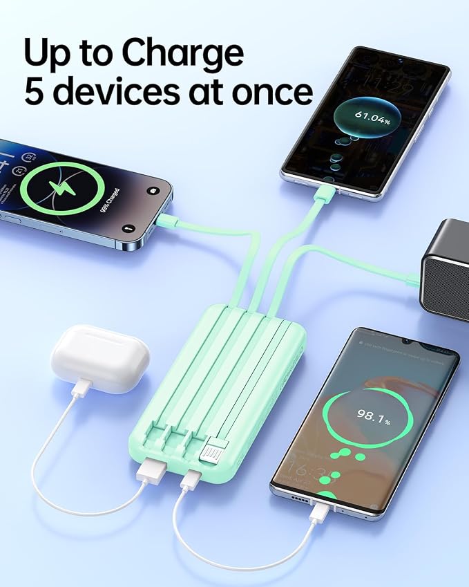 Portable Charger with Built in Cable 20000mAh Fast Charging | Power Bank USB C Slim 22.5W LED Display Battery Pack 5 Outputs & 3 Inputs for Travel Essentials iPhone Samsung Phones Cyan - Image 5