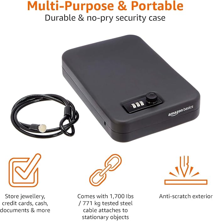 Amazon Basics Portable Security Case Lock Box Safe with Combination Lock for Valuables, Documents, College Dorm Room, XL, Black - Image 3