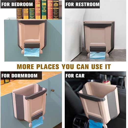 Hanging Kitchen Trash Can, Foldable Waste Bin for Kitchen, Collapsible Hang Small Plastic Garbage Can 2.4 Gallon for Cabinet/Car/Bedroom/Bathroom (Brown) - Image 2
