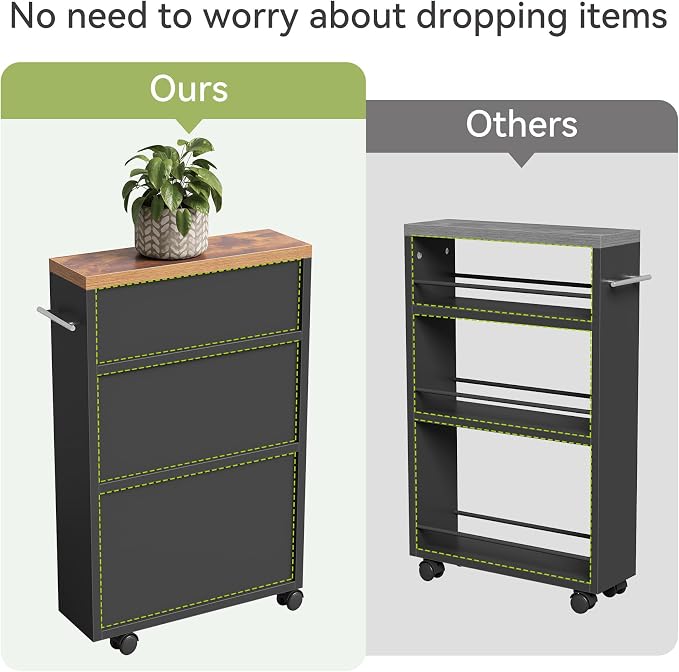 LITTLE TREE Slim Rolling Storage Cart, 3 Tier Snack Cart with Wheels for Kitchen, 6.3 Inch Wide Bathroom Organizer Shelves, Wooden Utility Cart for Laundry Room, Black - Image 3