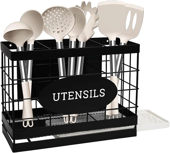 Magnetic Utensil Holder for Fridge Large Silverware Organizer Kitchen Utensil Organizer with Draining Kitchen Counter Sturdy Black Metal Cooking Caddy Storage for Silicone Spatula Fork Spoon by Unknown