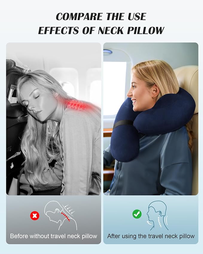 Patented Design Inflatable Travel Neck Pillow – Airplane Neck Pillow with 360° Head & Neck Support, Soft Washable Velvet Cover, Compact Neck Support Pillow for Airplane,Train,Car,Office & Home (Blue) - Image 4