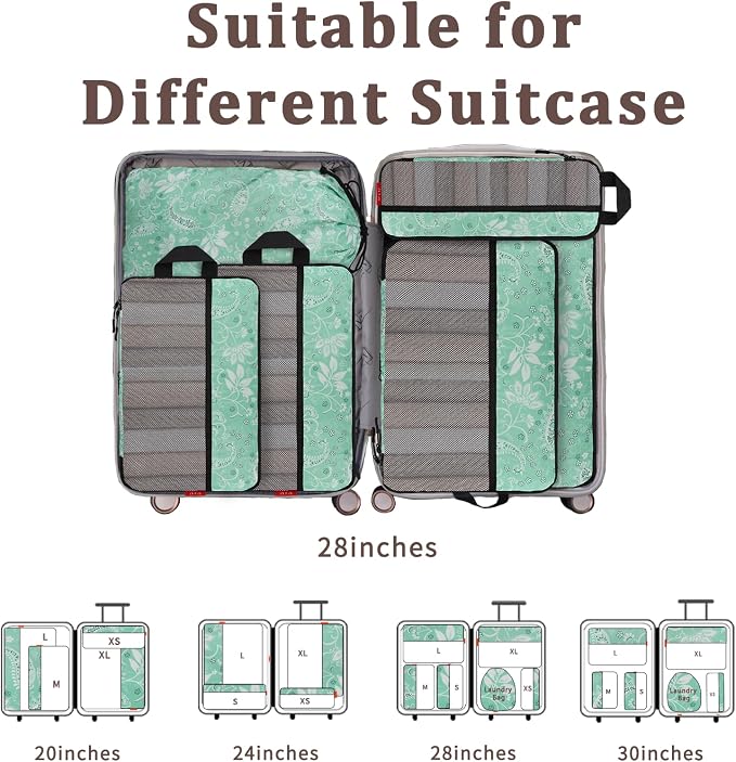 U+U 6 Set Compression Packing Cubes, Travel Organizers (Green Paisley) | Space-Saving & Drawstring Bag Included - Image 6