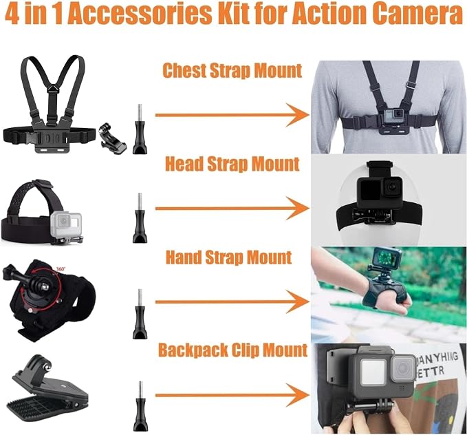 Accessories Kit for Action Camera, Chest Strap Harness + Head Strap Mount + 360° Rotating Hand Strap Mount and Backpack Clip Holder, 4 in 1 Universal Adjustable Sport Camera Accessories Kit - Image 2