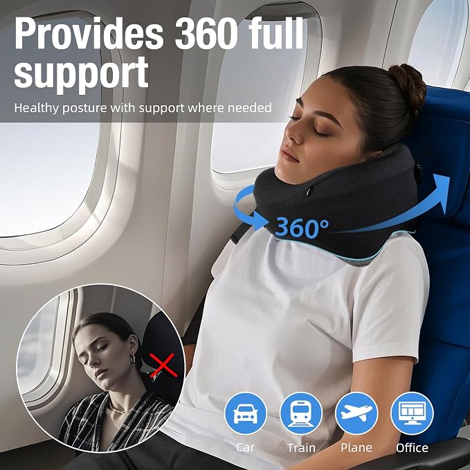 Teemour Neck Pillow for Traveling, Travel Neck Pillow for Airplane Travel Essentials Memory Foam Travel Pillow for Flight with 360° Support Portable, Design for Airplane, Car & Office - Image 2