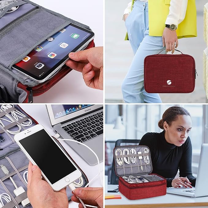 Travel Electronics Organizer, Waterproof Cable Organizer Bag for Electronic Accessories Double Layer Large Shockproof Cable Storage Bag for Cord, Power Bank, Tablet(Up to iPad 11 inch) - Wine Red - Image 6