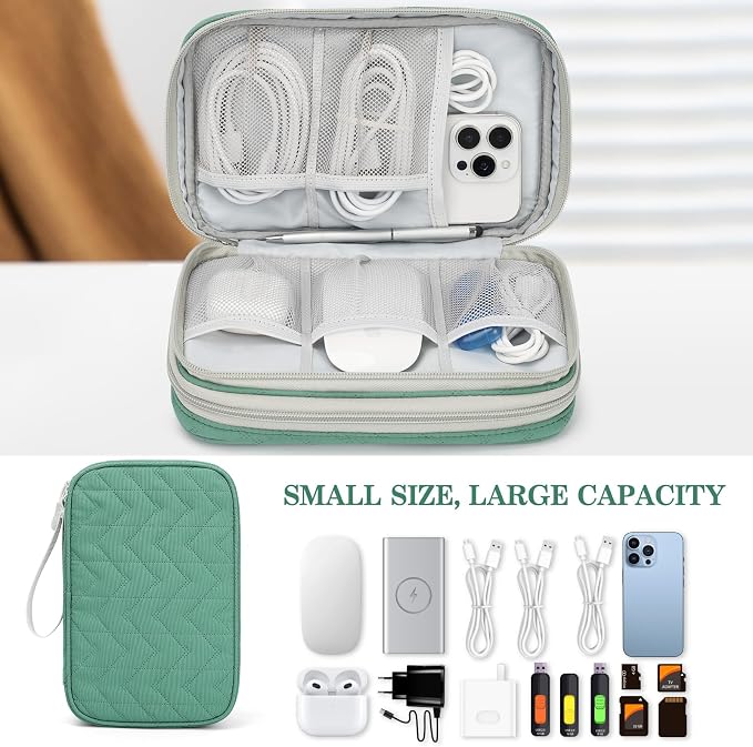 FYY Electronic Organizer, Travel Tech Pouch Bag, Large, Green Quilted | Wrist Strap, Waterproof, Double Layers Portable Electronics Travel Carrying Case for Cord, Charger, Daily Business Trips Use - Image 6