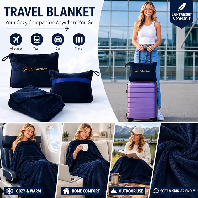 Travel Blanket Airplane Compact with Bag Soft 2 in 1 Travel Pillow and Blanket Set Car Pillow Travelers Gifts Accessories Compact Pack Blanket for Any Travel with Luggage Backpack Strap,Dark Blue - Image 4