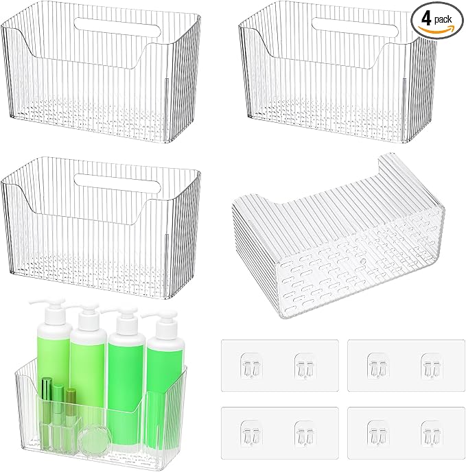 4-Pack Adhesive Cabinet Door Organizer Set, Clear Inside Cabinet Door Storage Bins with Drain Holes for Kitchen Bathroom Pantry Organization, Space-Saving Mountable Caddy by AojSup