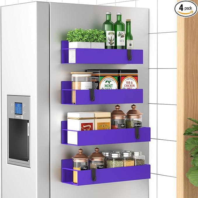 HuggieGems 4 Pack Magnetic Spice Storage Rack Organizer for Refrigerator and Oven, Purple Fridge Organizers and Storage | Magnetic Shelves Heavy Duty for Fridge in Kitchen, Seasoning Storage Organizer, For Oven Washer and Dryer, For Heavier Items by HuggieGems