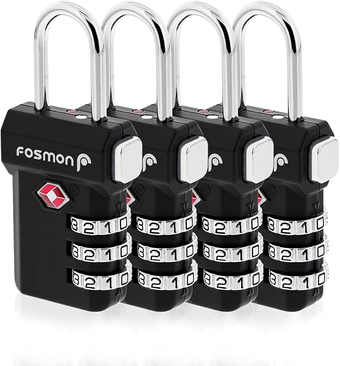 Fosmon TSA Approved Luggage Locks, 3 Digit Combination, 4 Pack Black | Open Alert Indicator, Push Release Button, Durable Alloy Body, Suitcase Travel Lock, Travel Bag Zipper Anti Theft by Fosmon