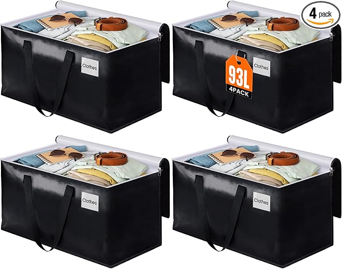 Heavy Duty Moving Bags, Extra Large Storage Bags, 93L, 4-Pack, Black | Foldable, with Zippers, Tag Pocket & Handles, Reusable, Space-saving, Water-Resistant, for moving & storage, Versatile Use by BlissTotes