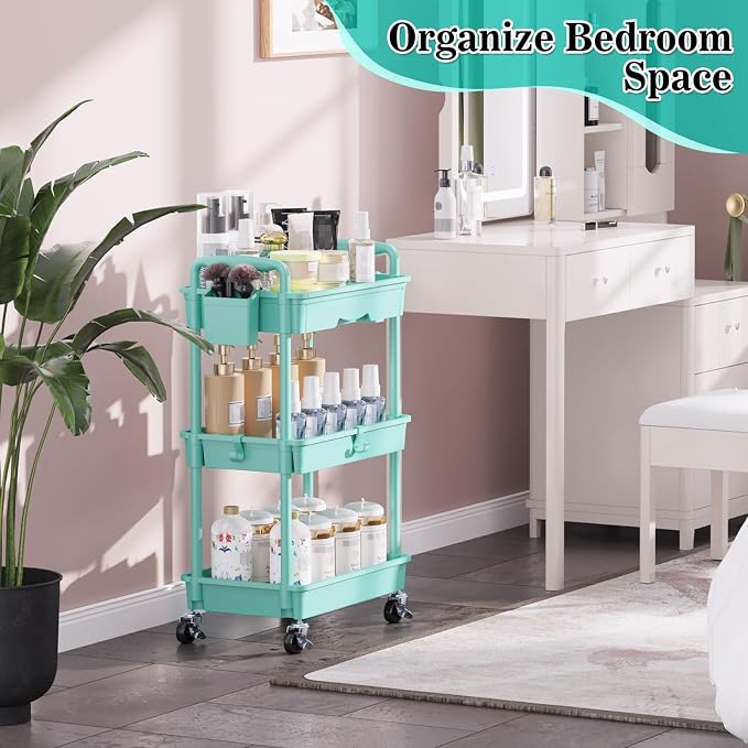 SUNALLY 3 Tier Rolling Cart with Drawer, Craft Storage Cart Organizer, Blue | Bathroom Storage Organizer with 2 Lockable Wheels, Rolling Utility Cart for Kitchen, Office, Baby, Makeup, Nail,Snack,Laundry - Image 7