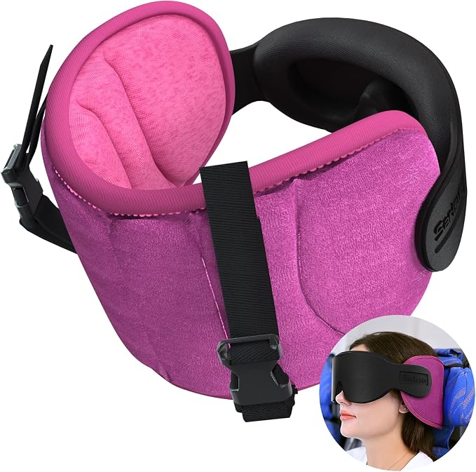 SARISUN Travel Pillows for Airplanes, Stable Head Support, Travel Essential | Airplane Pillow with 3D Eye Mask, Seat Strap Secures to Headrest, for Stop Bobblehead, for Long Flight Road Trip, Pink by SARISUN