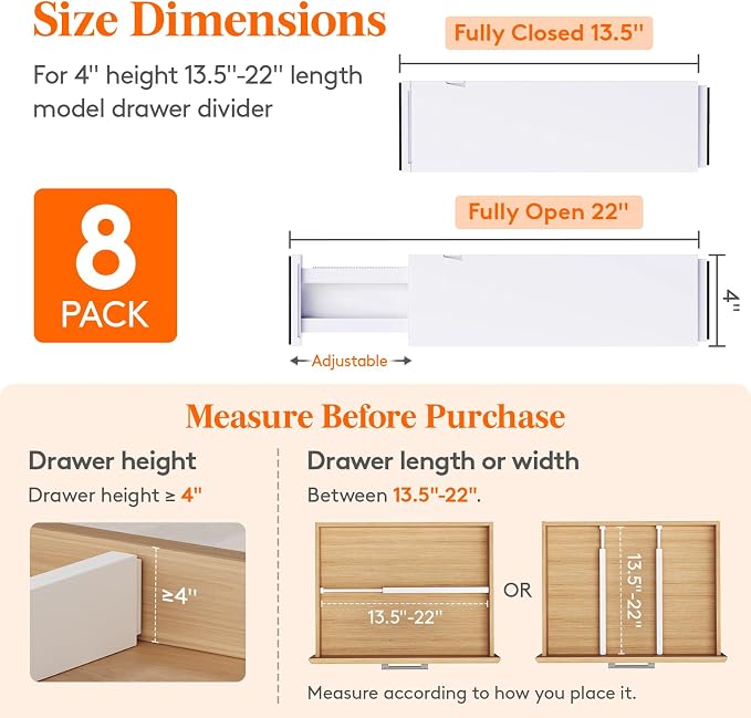 Lifewit 4" High Upgrade Drawer Divider, Adjustable Drawer Organizer Clothes | 13.5"-22" Expandable Plastic Drawer Separator for Dresser, Kitchen, Closet, Nursery, Office Organization & Storage, 8 Pack - Image 2