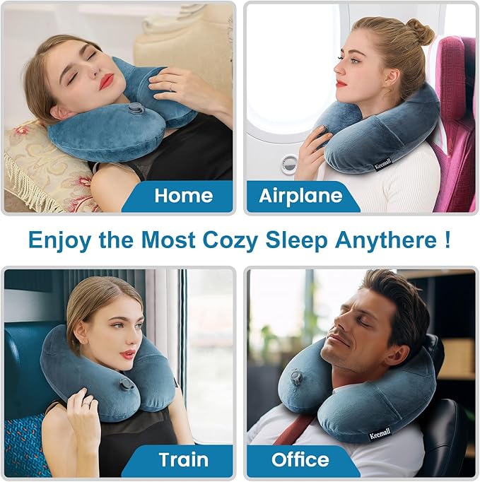 Keemall Inflatable Travel Neck Pillow, Cervical Support for Airplane & Car | Upgraded Ergonomic Blow-Up Cushion with Washable Cover, Relieves Neck Pain for Office Naps, Car Trips & Long Flights, Grey - Image 6
