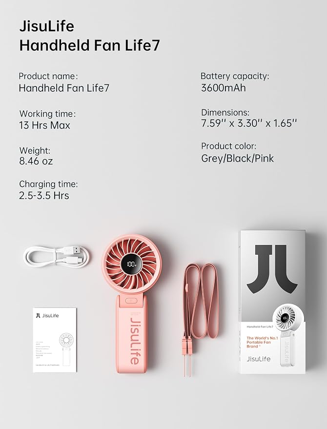 JISULIFE Handheld Fan Life7 – Ultimate Flexibility: Wide & Strong Airflow, 13H Max Cooling, 3600mAh Rechargeable, 5-Speed, LED Display, 3 IN 1 Portable Fan for Travel, Concerts, Sports Events(Pink) - Image 8