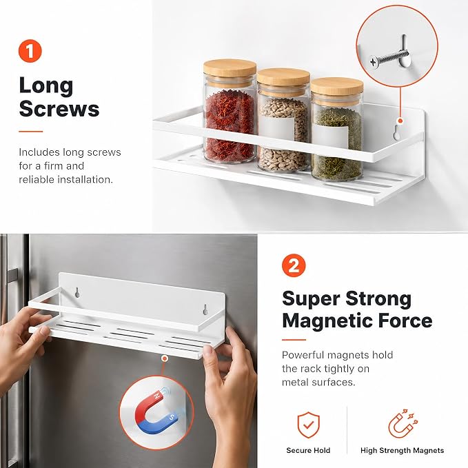 SMRCAD 4 Pack Metal Magnetic Spice Rack for Fridge – Heavy-Duty | Iron Construction, Rust-Resistant, Dust-Resistant, Fits Condiment Bottles, Includes Screws for Optional Wall Mount - Image 3