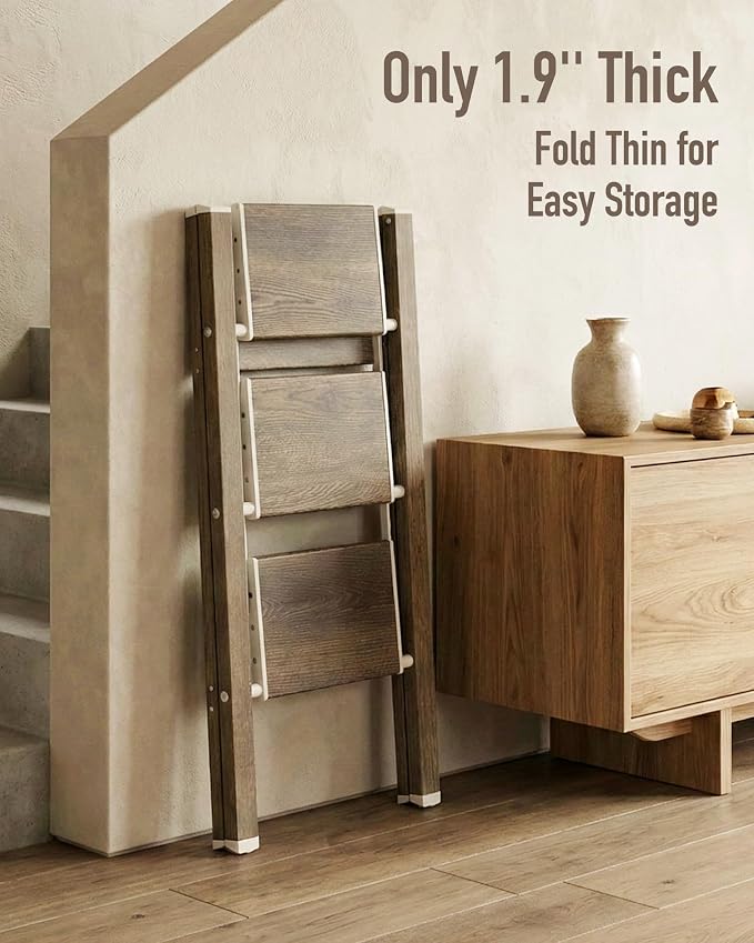 Mayi Plus 3 Step Stool Foldable, Aluminum, Lightweight Step Ladder | Extra-wide anti-slip folding steps with 330 lbs, for home,kitchen,office,outdoor,Cherry woodgrain - Image 9