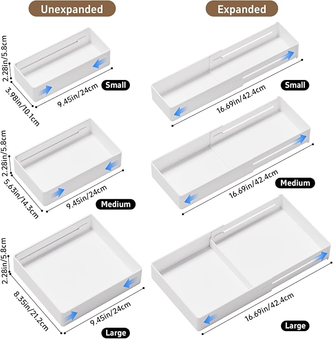 PAVSTINE 3-Pack Expandable Makeup Drawer Organizer, L/M/S | Adjustable 9.45"–16.69", Customizable Compartments, 3-Size Storage Tray for Kitchen, Bathroom, Vanity & Office - Image 2