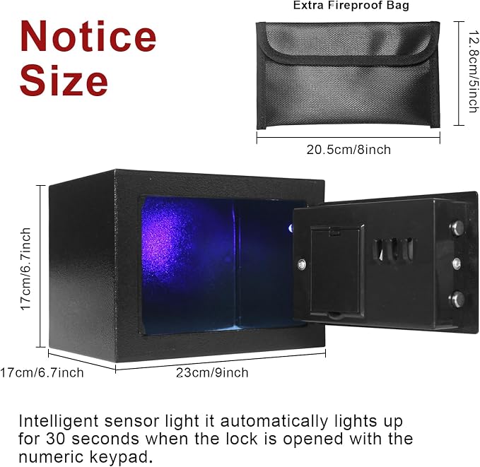Money Safe Box for Home with 4 LED Color Sensor Light & Fireproof Money Bag, 0.23CUFT, Security Lock Box with Keys & Pass Code, Fireproof Safe with Digital Keypad, 3mm Thickness Door - Image 2